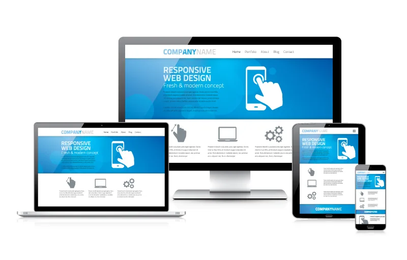 An illustration of responsive web design showcases a single website layout adapting seamlessly across a desktop monitor, laptop, tablet, and smartphone.