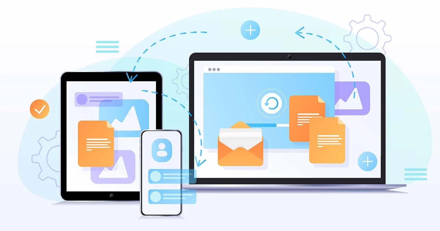 A modern flat vector illustration depicts a laptop, tablet, and smartphone interconnected by dashed arrows, symbolising seamless data synchronisation.