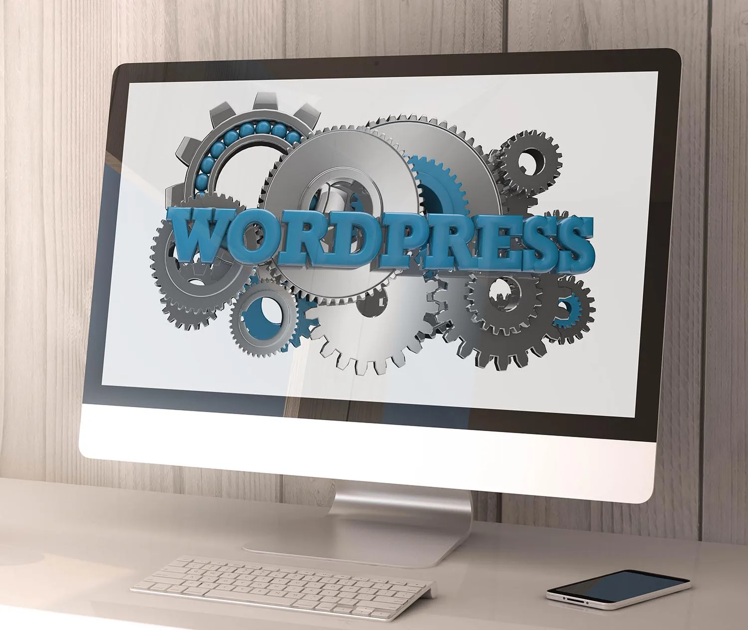 A 3D digital illustration on a desktop monitor features the word "WORDPRESS" in bold blue letters, integrated with a series of interlocking silver and blue gears.