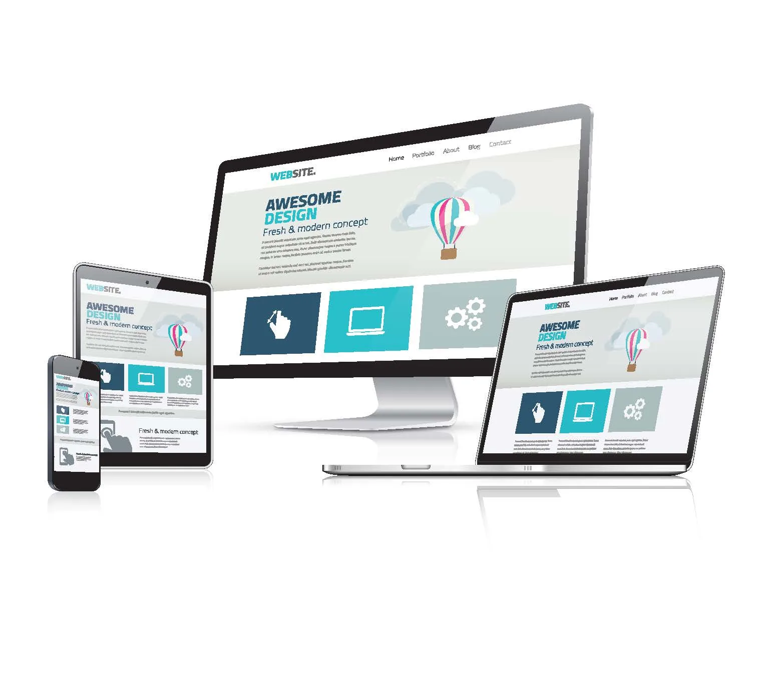 A digital illustration of a desktop monitor, laptop, tablet, and smartphone arranged against a white background, each displaying the same website template.