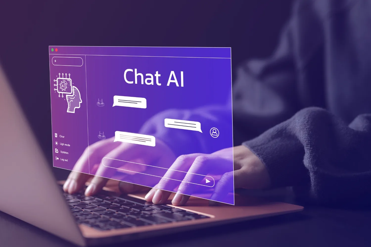 Person using a Chat AI desktop application on a laptop with a digital interface overlay.