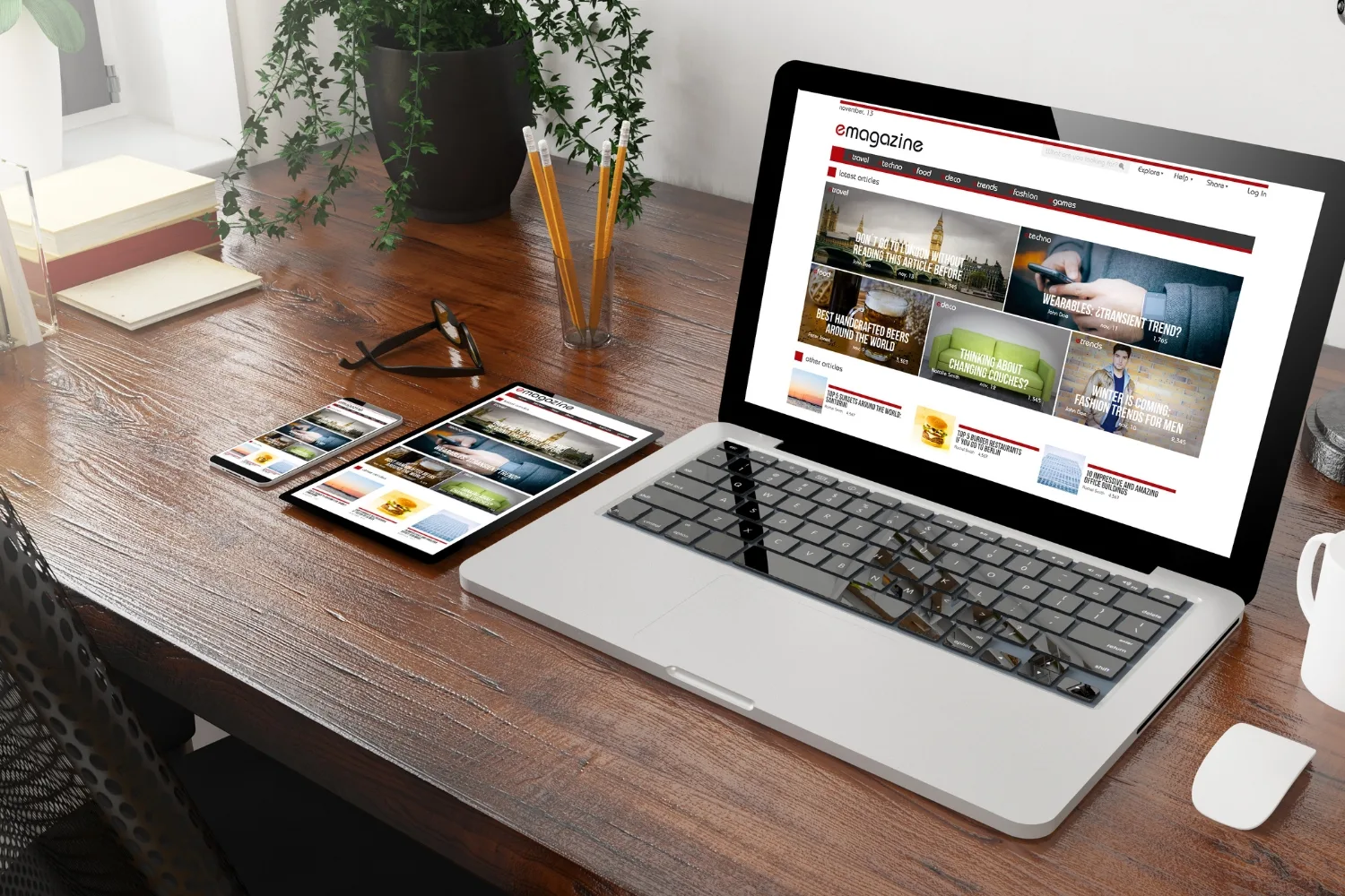 A business blog post displayed on a desktop monitor showing a well-structured article with a descriptive heading, clear subheadings, body text, and a visible call to action button at the end of the article